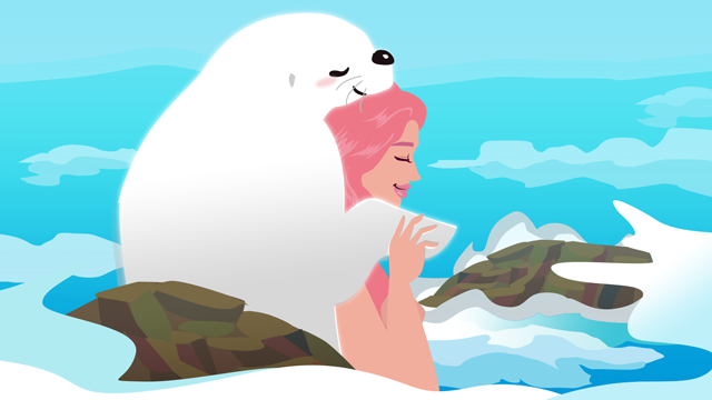 水から上がった女性と彼女を抱きしめるアザラシ