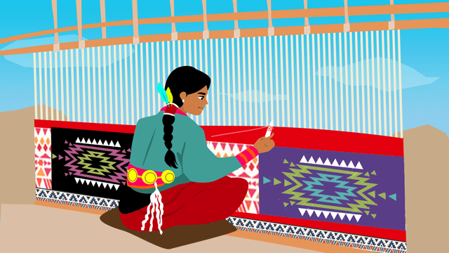 儀式用のブランケットを編んでいるインディアン