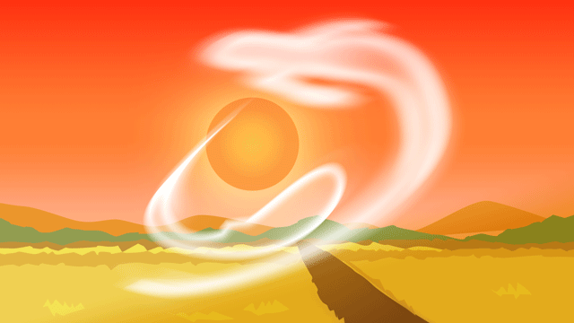 日没の光のなかで働いている自然の精霊