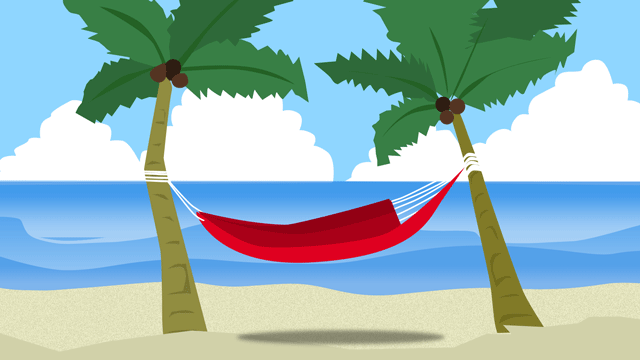 二本の木のあいだに吊るされた空のハンモック