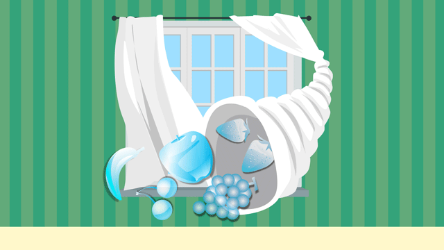 吹き込んだ風によって豊饒の角を持つコーヌコピアの形となった開かれた窓のカーテン