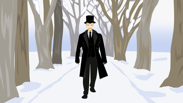 粋なシルクハットで頭を覆って、非常な寒さの嵐に勇敢に立ち向かう男性