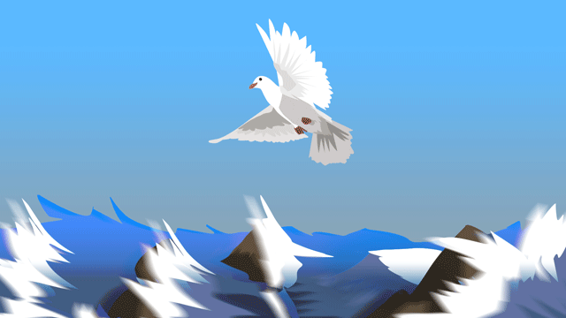 荒れた水の上を飛ぶ白い鳩