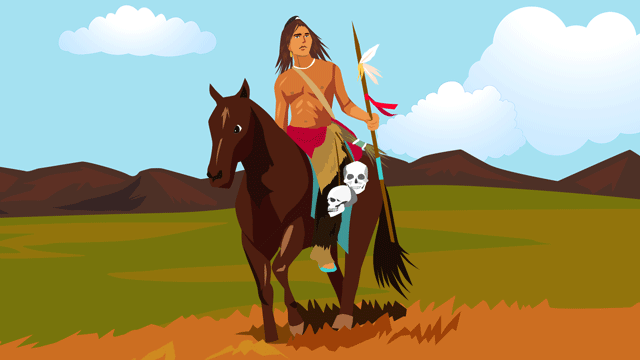 ベルトから頭蓋骨を下げて馬で勇ましく駆けるインディアンの戦士