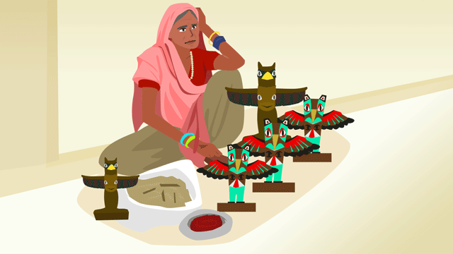 通行する人々に部族の工芸品を売るインディアンの老女