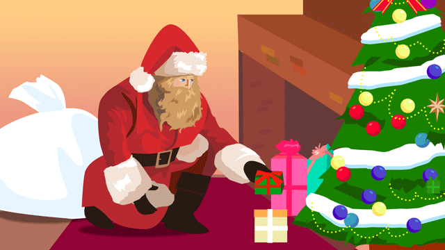 ひそかに暖炉の前の靴下を満たしているサンタクロース