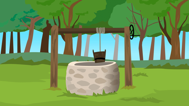 壮大な木々の影にあるバケツとロープを兼ね備えた井戸