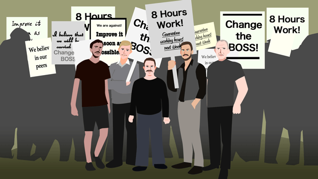 工場を囲む興奮したストライカーたち