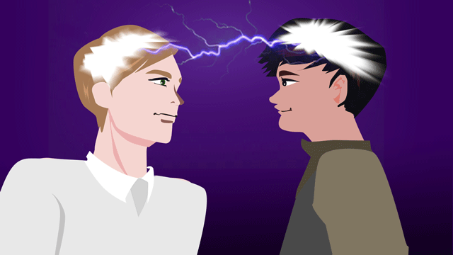 物理的な空間と社会的な区分とに橋をかけるためにテレパシーで会話するふたりの男性