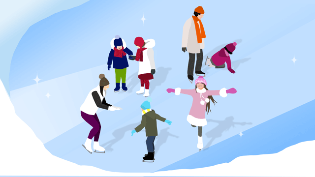 凍っている村の池でスケートしている子どもたち