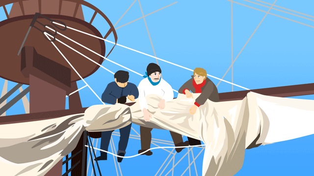 古い旗を降ろして新しい旗を掲げる船の船員たち