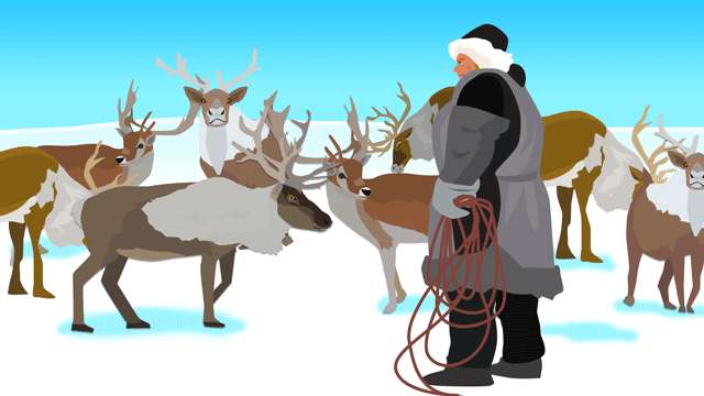 毛深い鹿をリードするファーをまとった男