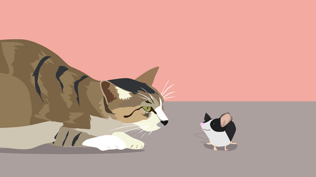 ねずみと議論しているネコ