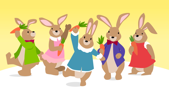 人間の服を着てパレードをするウサギたちのグループ