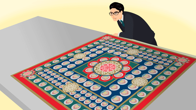 古代の書物を頼りに目の前にあるマンダラを研究している男