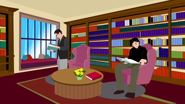 ラグジュアリーな家の図書室で本を読んでいるゲストたち