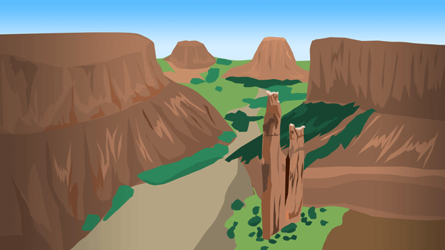 深い峡谷に塔のようにそびえ立つ岩のかたまり