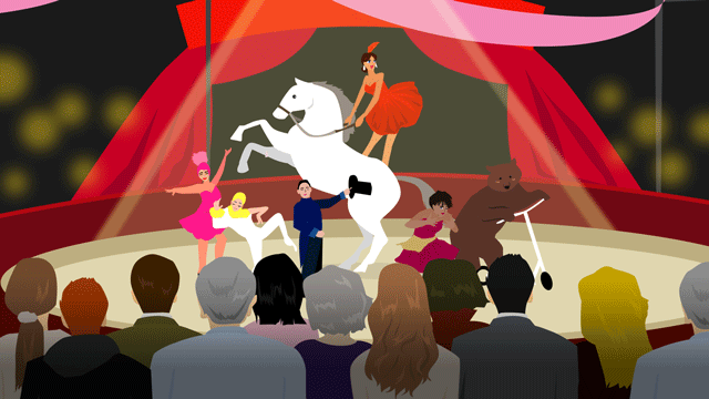 サーカスで危険な技を披露する裸馬乗りの女