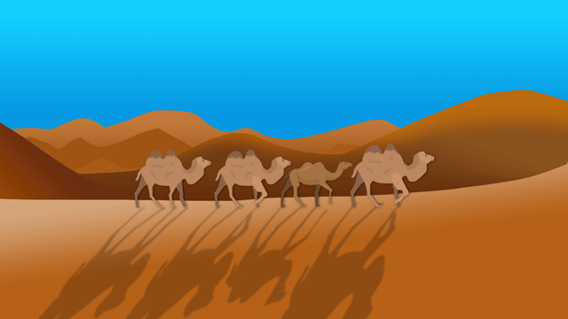 広大で険しい砂漠を横切っている大きなラクダ