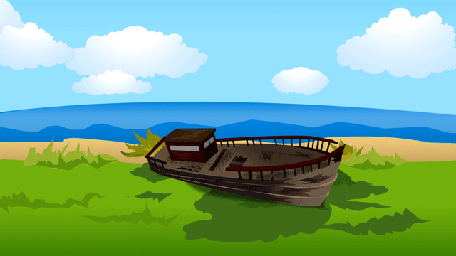 嵐のあとで改造が必要となり立てかけられているボート