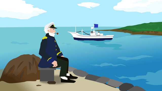 湾で出入りしている船を眺める引退した船長