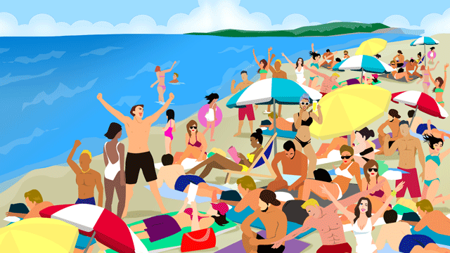 日曜日のビーチを楽しむ群集