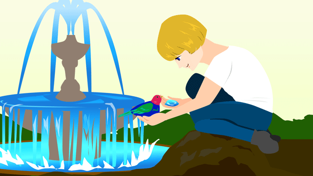 噴水で鳥に水をやっている子ども
