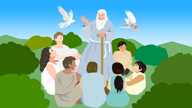 直観的な男性の「山の講話」を聴いたあとで帰路につく群衆