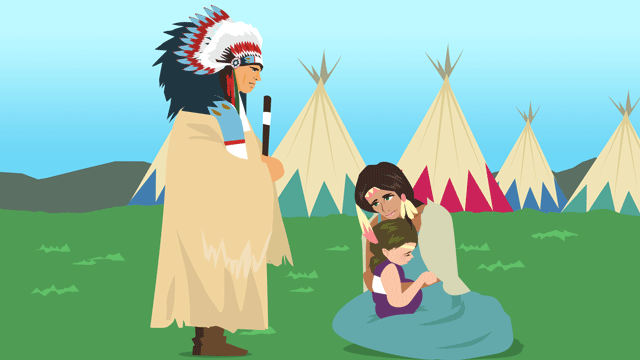 酋長に子どもたちの命ごいをしているインディアンの女性