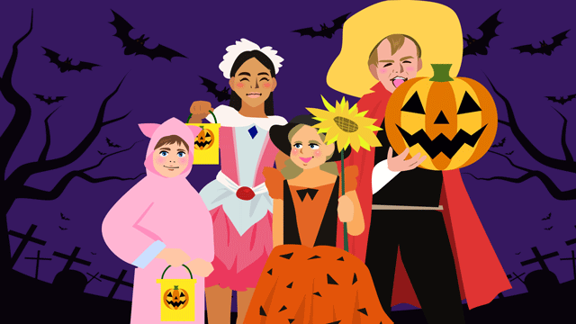 いろいろないたずらにふけるハロウィン衣装の子どもたち