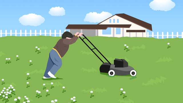 エレガントな郊外の家の芝を刈る太った少年