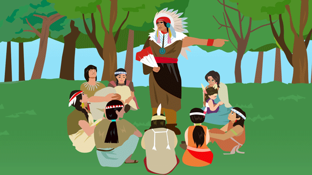 集まった部族たちに力を認識させるインディアンの酋長