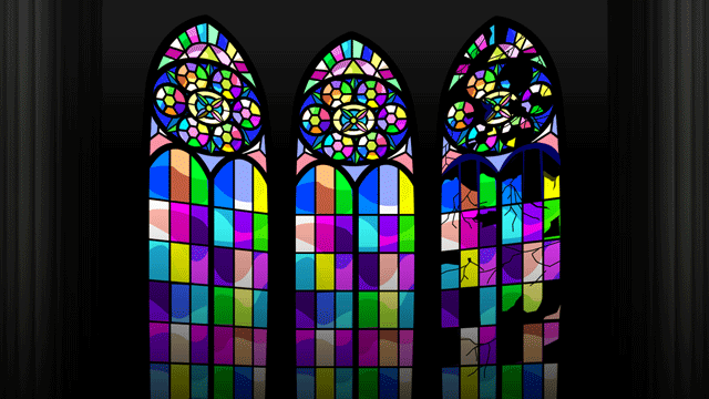 ひとつが戦争で損傷しているゴシック教会の三つのバラの窓