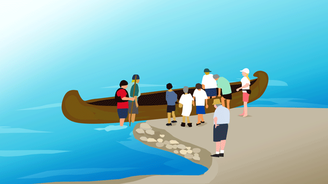 水上旅行のはじまりに大きなカヌーを整える一行