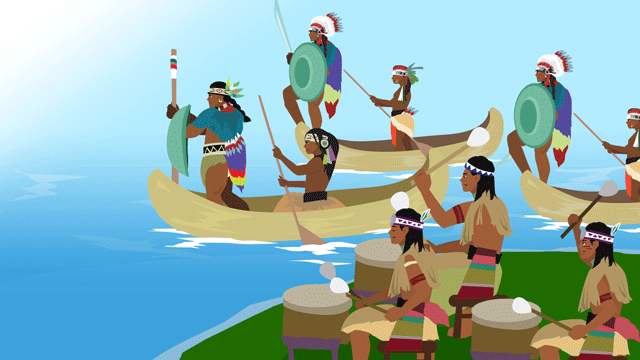 何人かの男たちはカヌーを漕ぎ、他の者たちは出陣のダンスを踊る、インディアンの出征の道