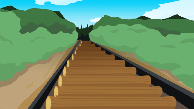 暗い森に通じるアーチの下に敷かれた10本の丸太