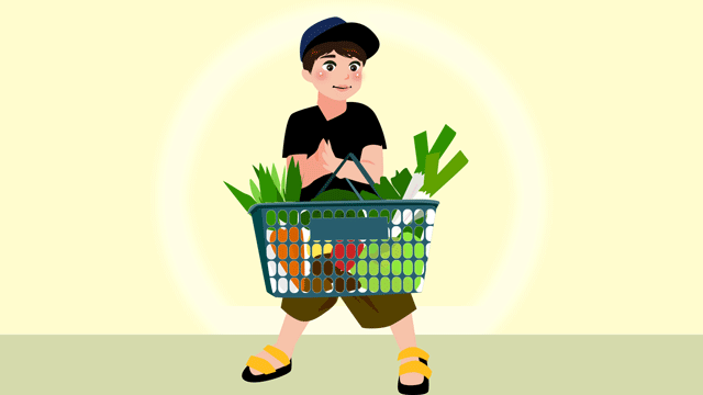 食品でいっぱいのバッグを運んでいる五歳の子ども