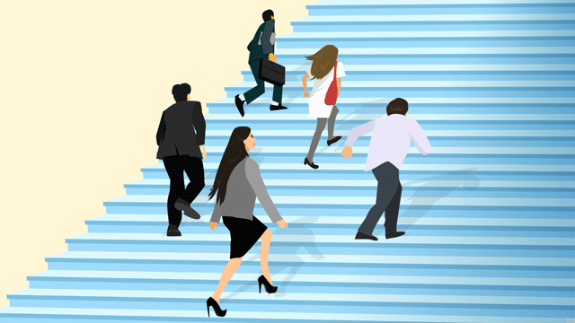 卒業するために広い階段の上をめざして並ぶさまざまなタイプの人々