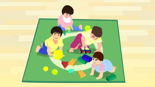 子どもたちが心地よく暖かく遊べるようにと育児室の床に敷かれた布