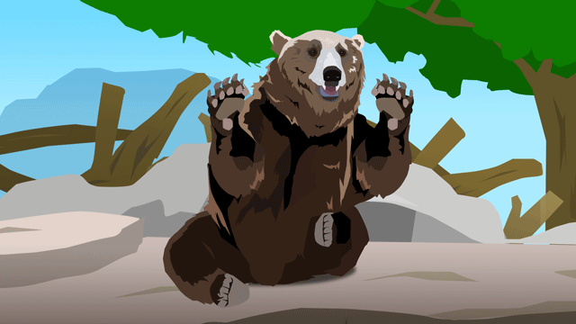 座りながらすべての手足を振っている大きなクマ