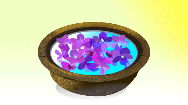 新鮮なスミレで満たされた古代の陶器