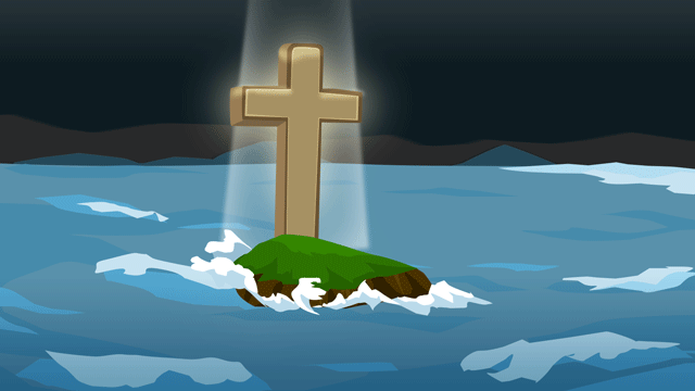 海上で囲まれた岩石の上で光の柱に照らされた大きな十字架