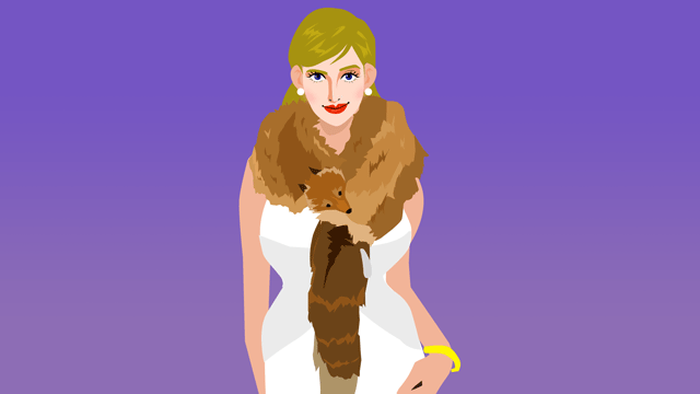 キツネ皮の長いストールをまとった女性