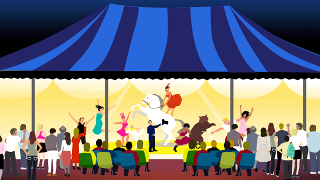 村の人々がすばらしい演技を鑑賞する巨大なテント