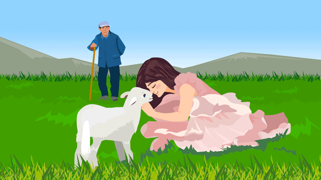 中国人の使用人に注意深くやさしく見守られながら白い子羊をあやす少女